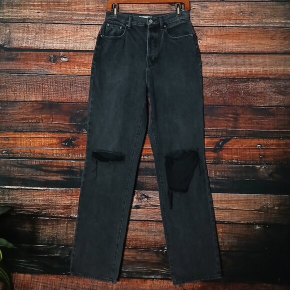 PacSun Jeans 28 Dad High Rise Button Fly Ripped Distressed Washed Black Denim - Picture 2 of 8